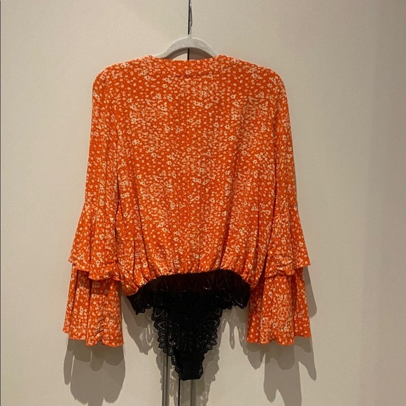 Free People Ditsy Orange Floral Wide Tiered Bell Sleeve Bodysuit - Picture 9 of 11